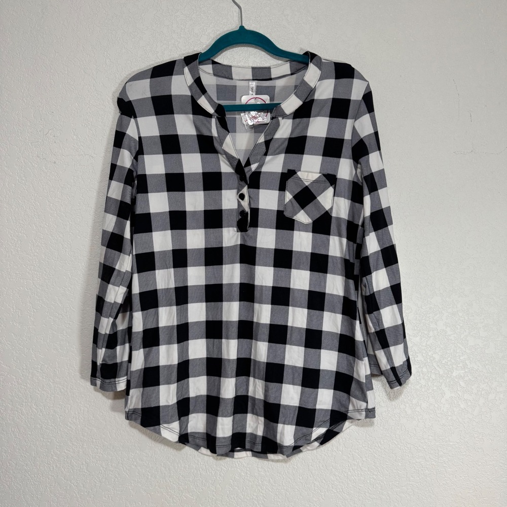 DNA Couture Black‎ White Plaid Tunic Shirt Womens Size L Long Sleeve Button Neck